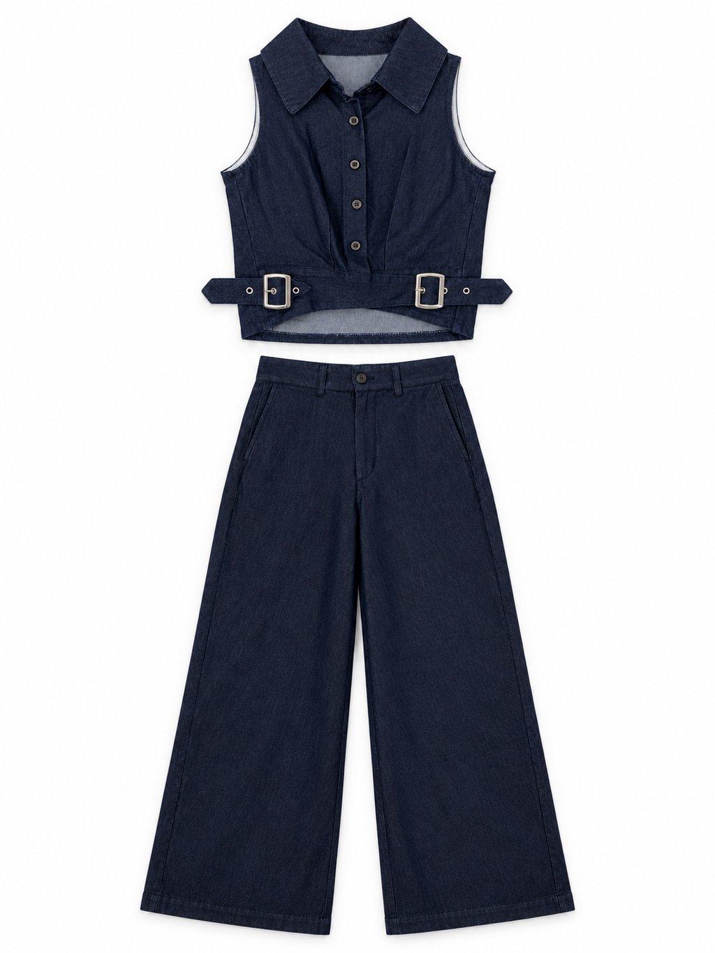 Denim Co-Ord Set of Double-Buckle Top & Trousers