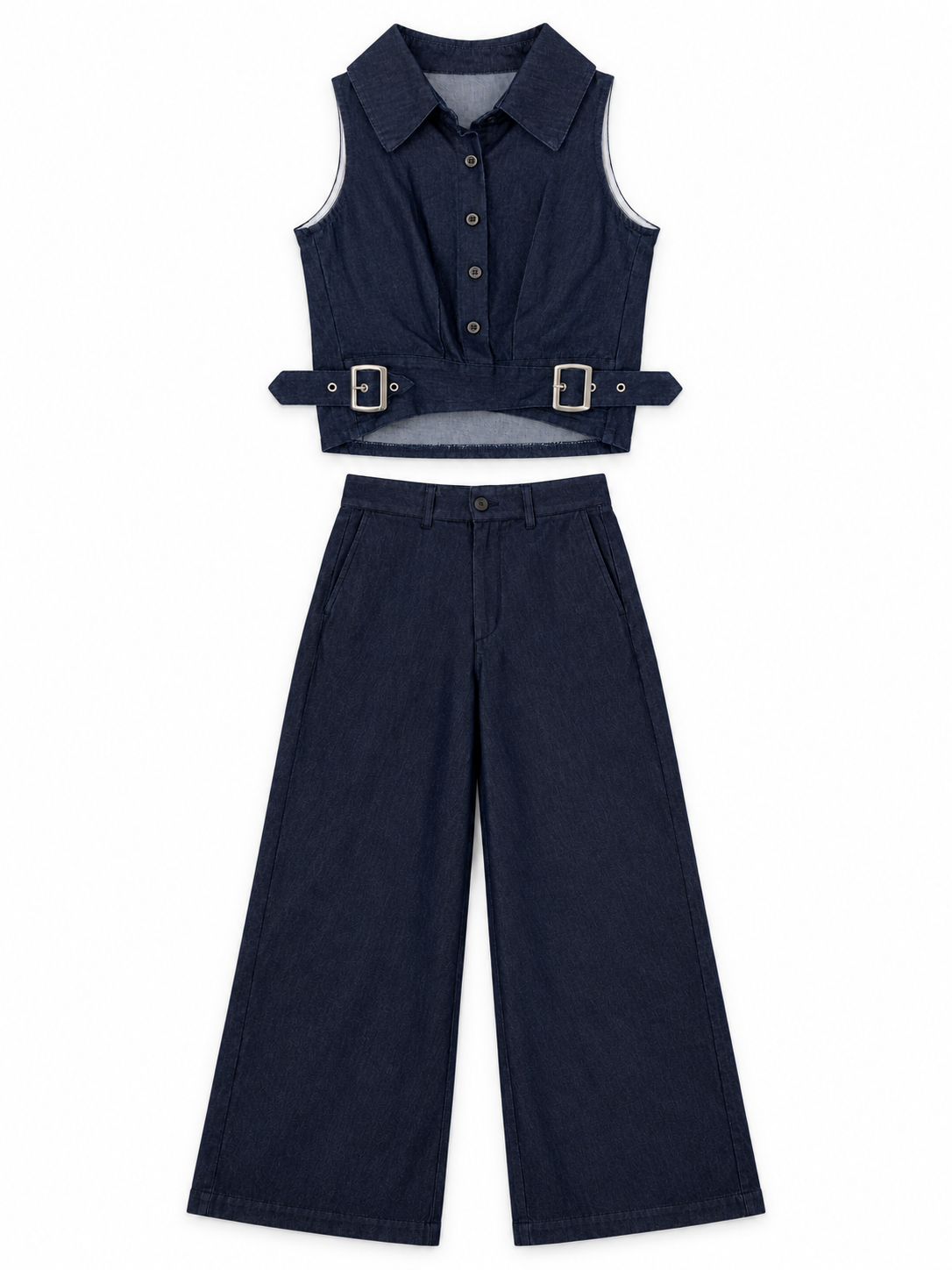 Denim Co-Ord Set of Double-Buckle Top & Trousers