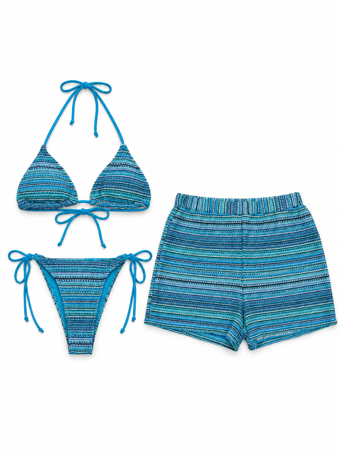 Blue Striped Bikini & Shorts Set