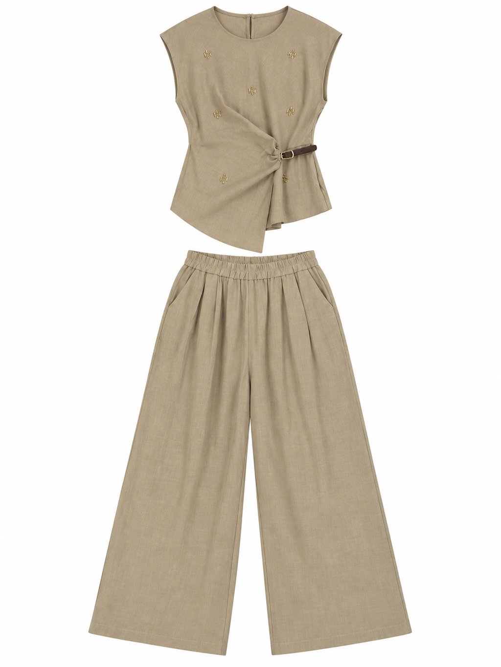 Embellished Buckle Top & Wide-Leg Co-Ord Set
