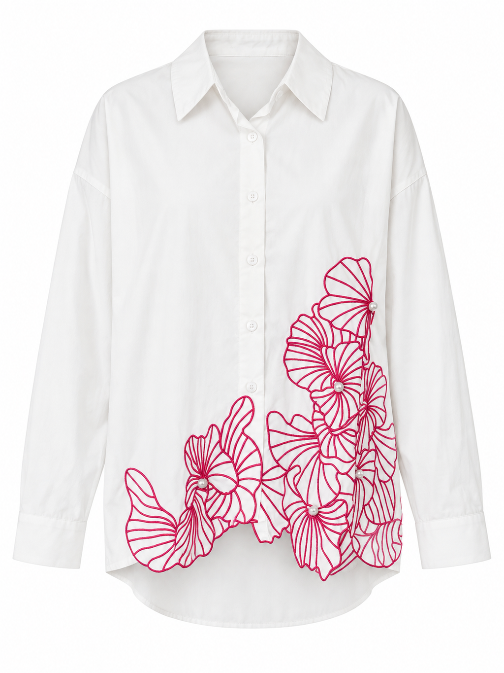 Oversized Shirt with Floral Embroidered Hem