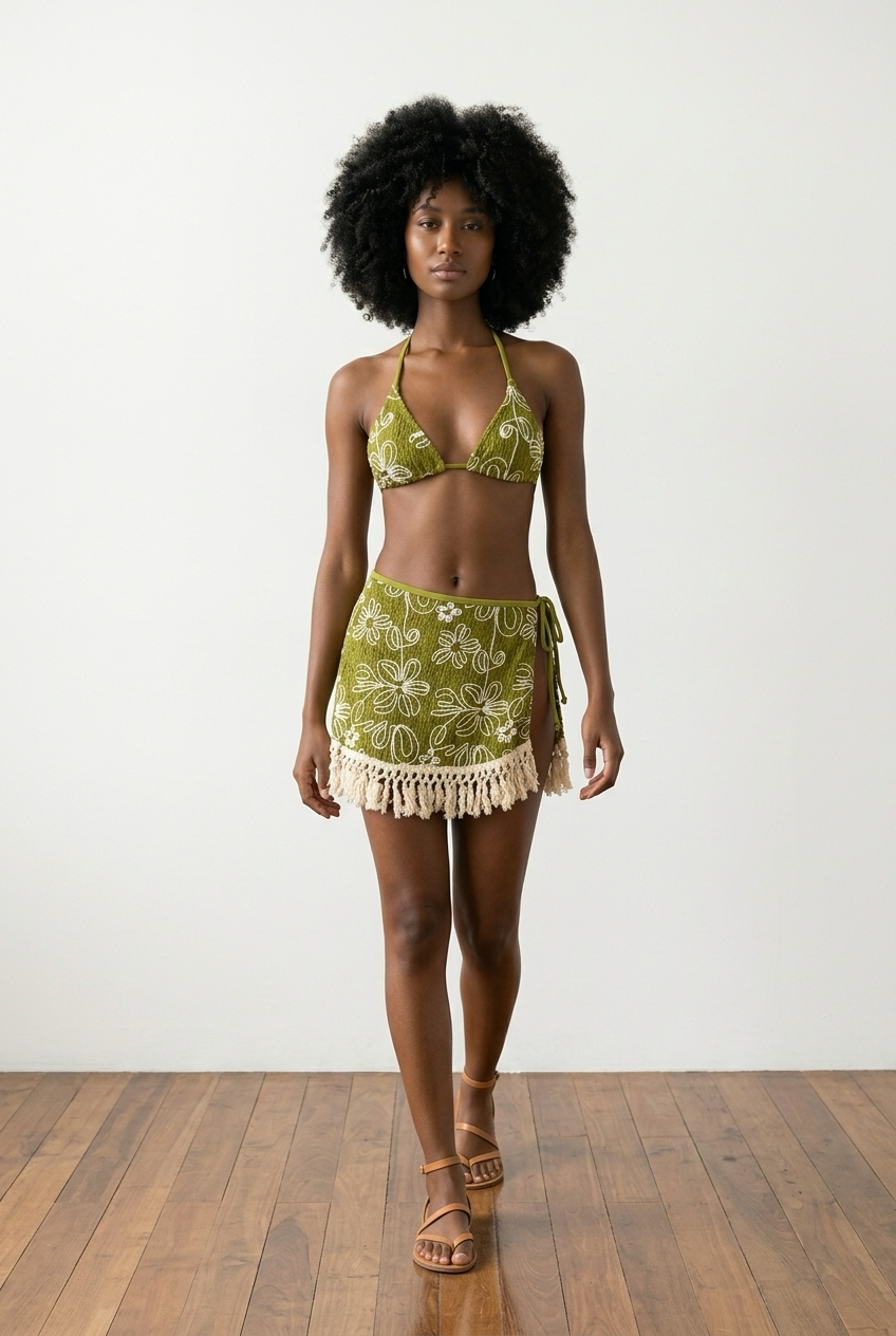 Olive Floral Bikini & Fringe Skirt Set