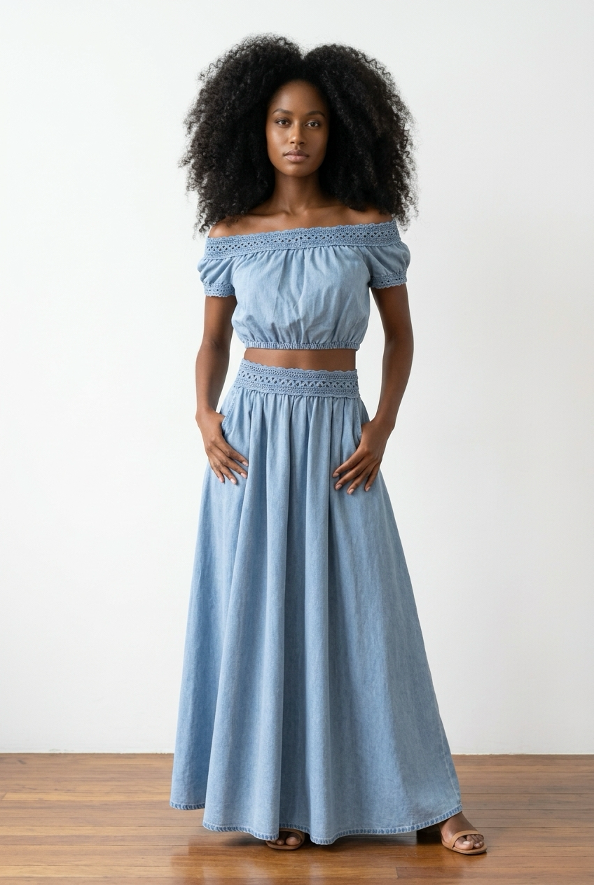 Denim Co-Ord Set of off-Shoulder Top & Maxi Skirt