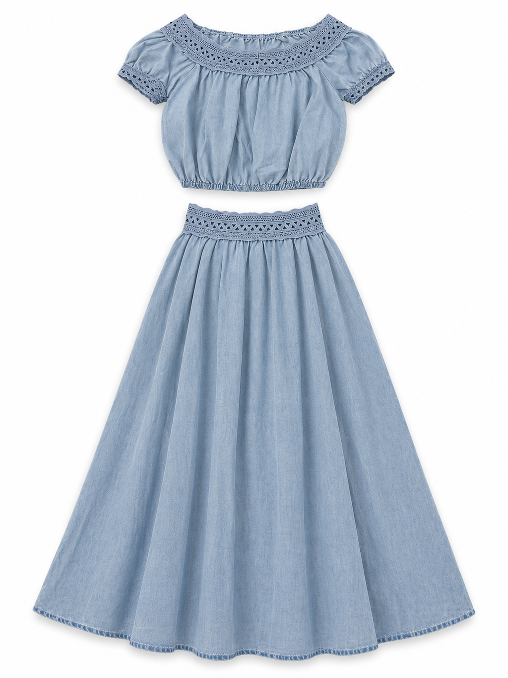 Denim Co-Ord Set of off-Shoulder Top & Maxi Skirt