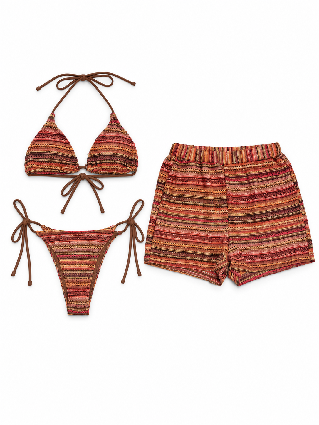 Rust Striped Bikini & Shorts Set