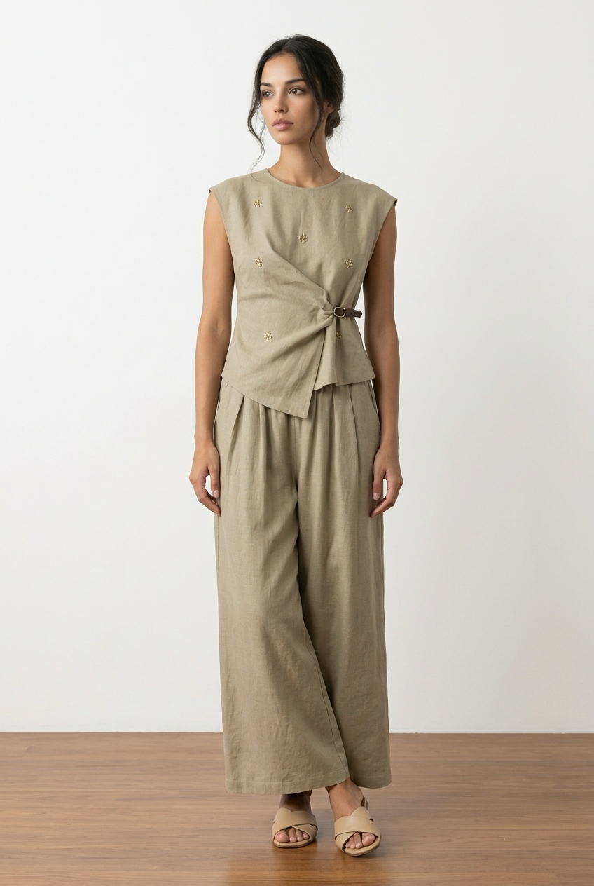 Embellished Buckle Top & Wide-Leg Co-Ord Set