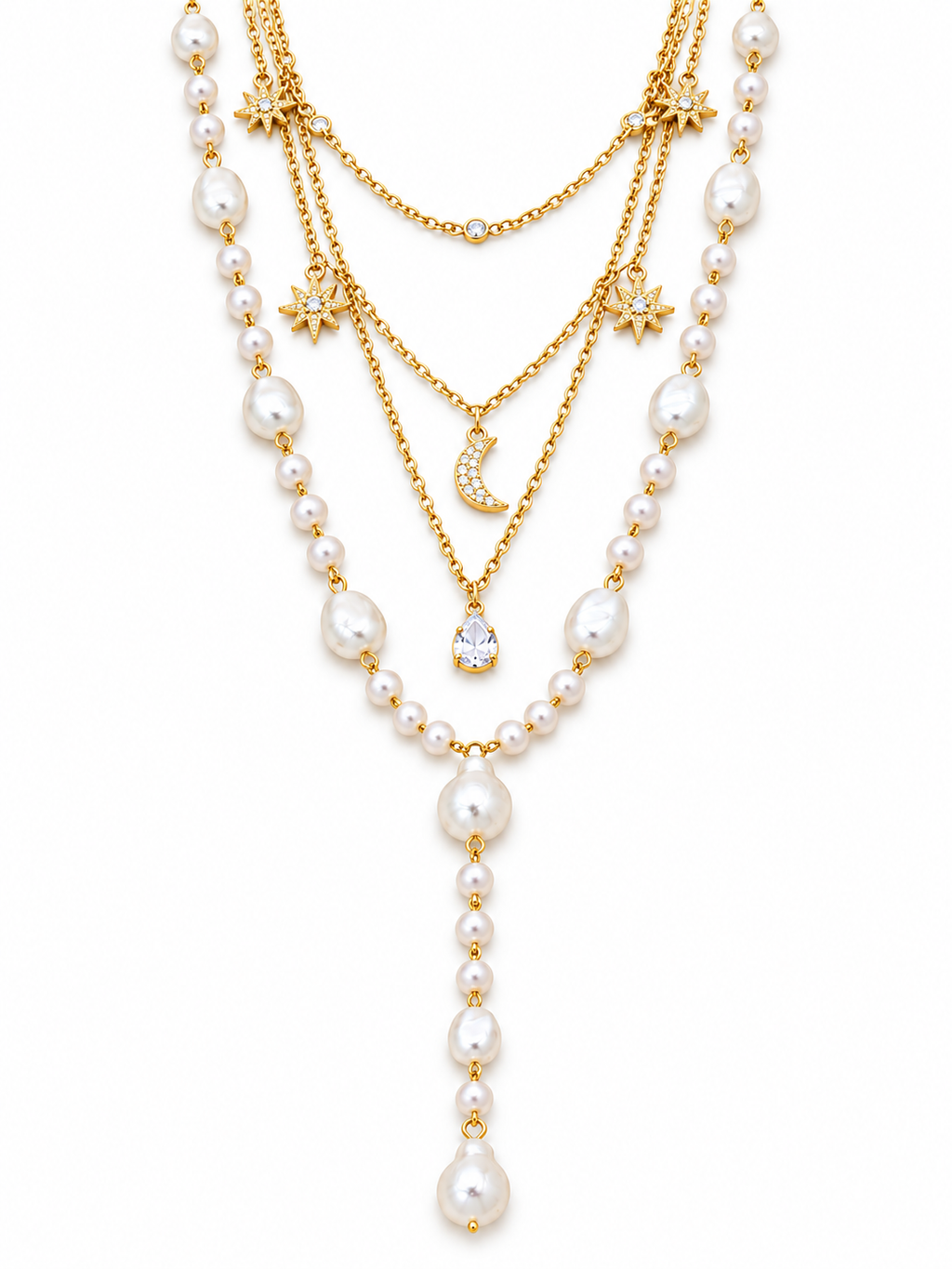 Layered Pearl Moon & Star Necklace