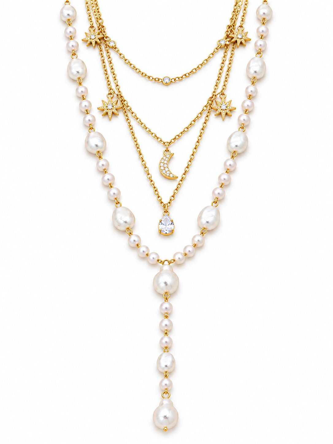 Layered Pearl Moon & Star Necklace