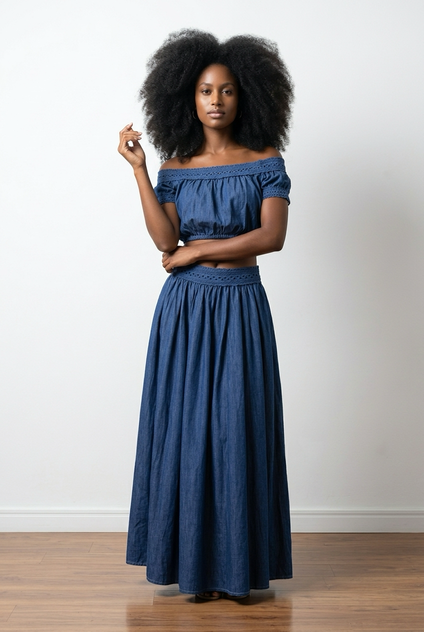 Denim Co-Ord Set of off-Shoulder Top & Maxi Skirt