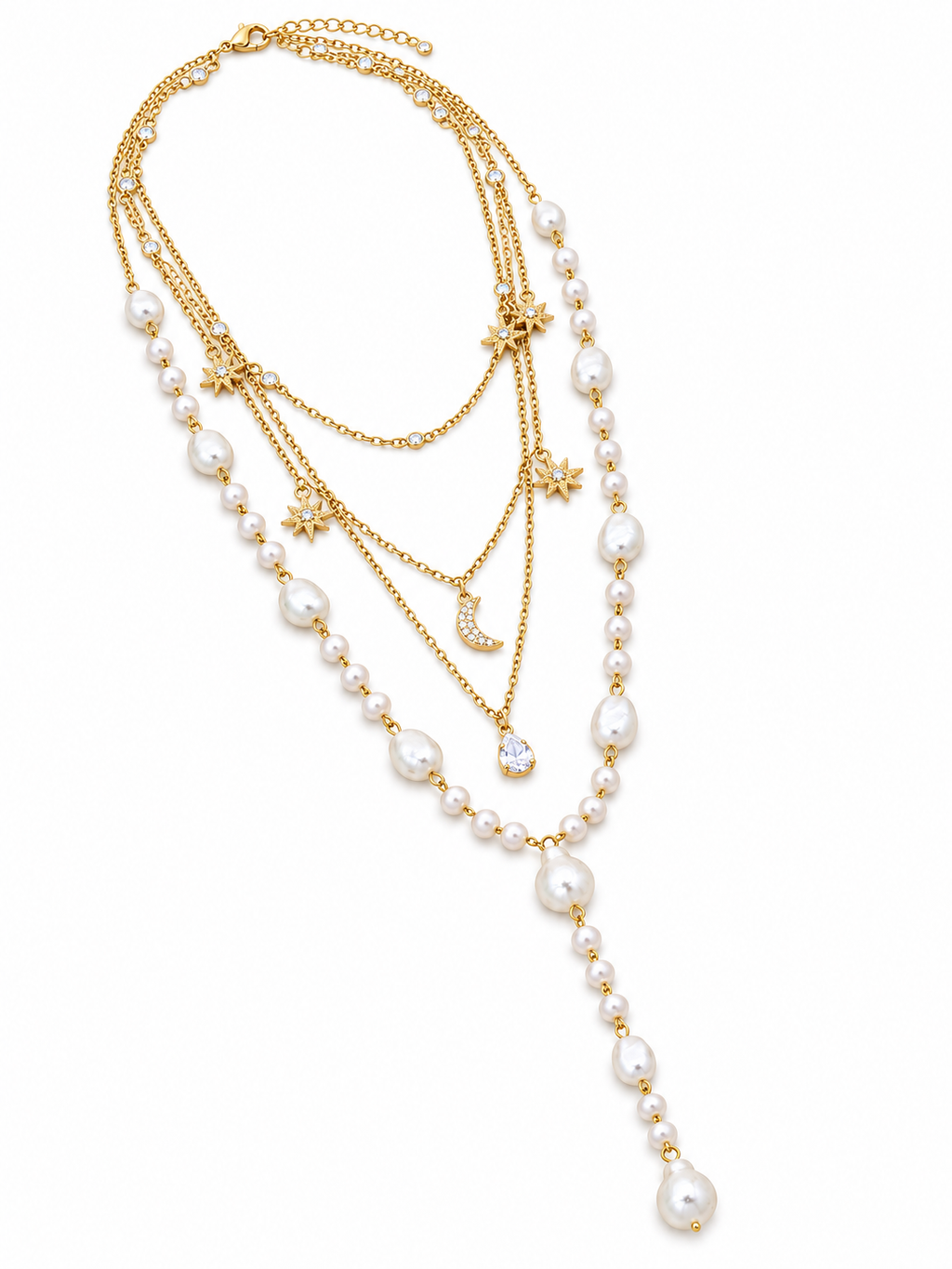Layered Pearl Moon & Star Necklace