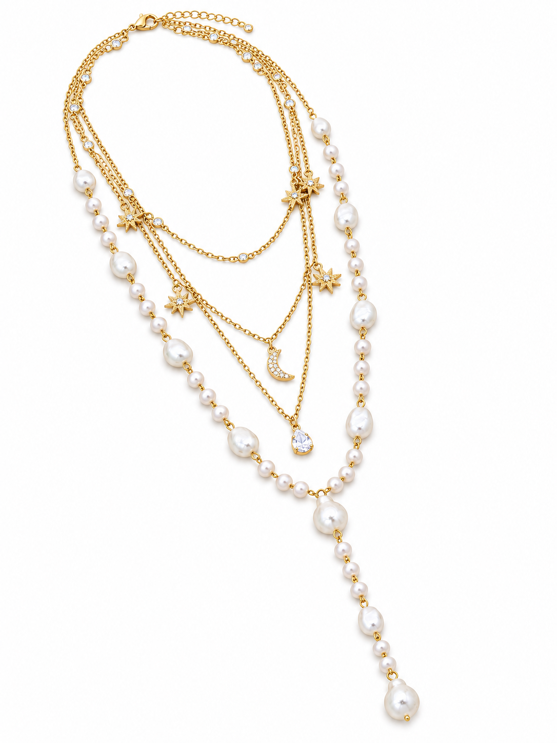 Layered Pearl Moon & Star Necklace