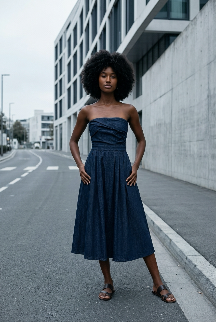 Strapless Denim Midi Dress