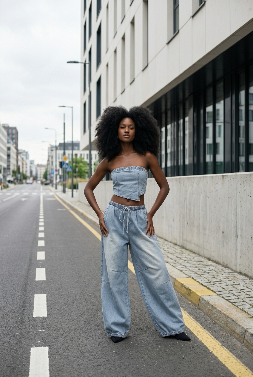 Co-Ord Set of Washed Denim Strapless & Balloon Trousers