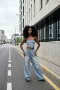 Co-Ord Set of Washed Denim Strapless & Balloon Trousers