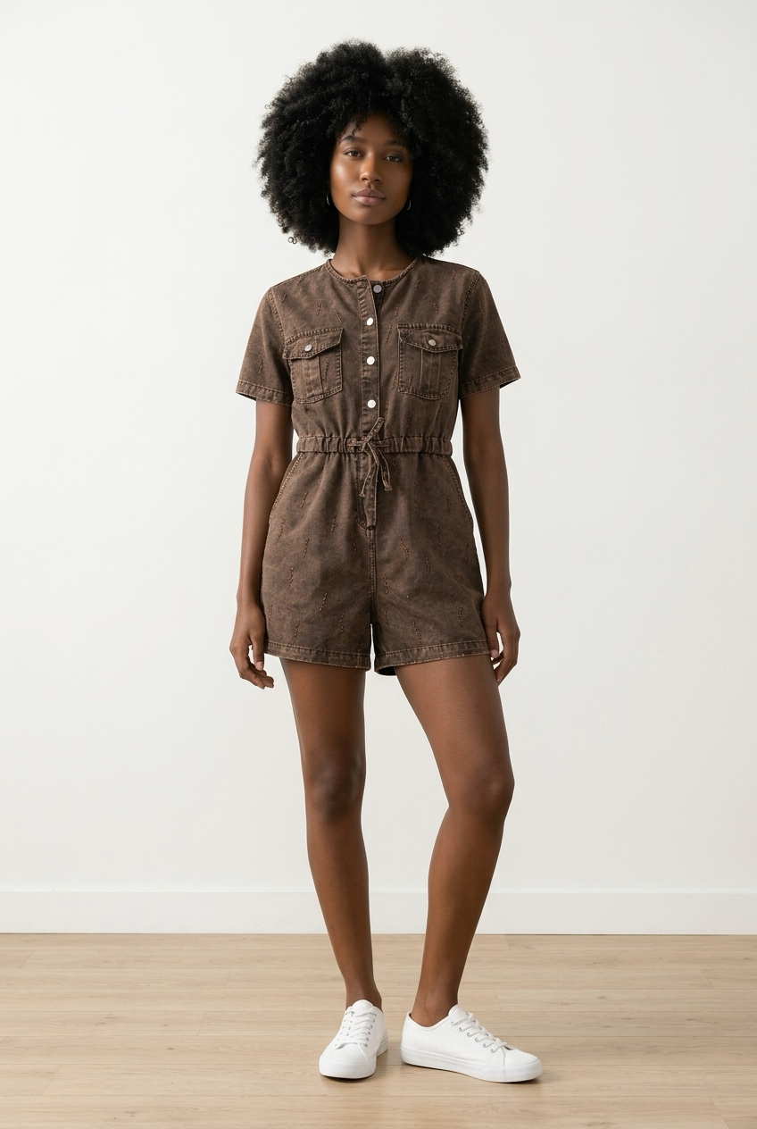 Faded Drawstring Denim Playsuit