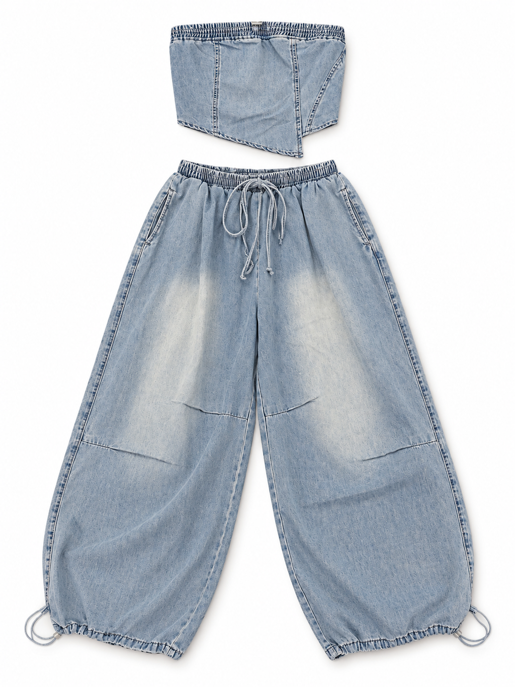 Co-Ord Set of Washed Denim Strapless & Balloon Trousers