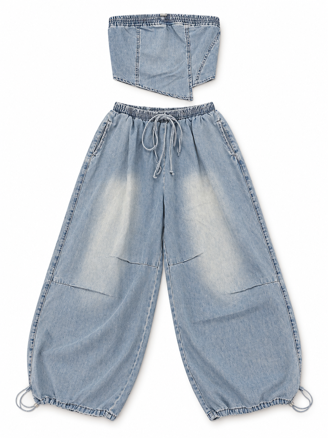 Co-Ord Set of Washed Denim Strapless & Balloon Trousers