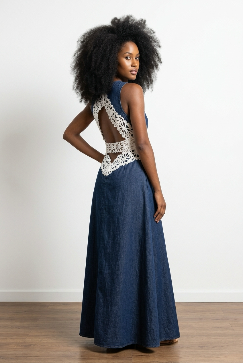 Floral Lace Denim Maxi Dress