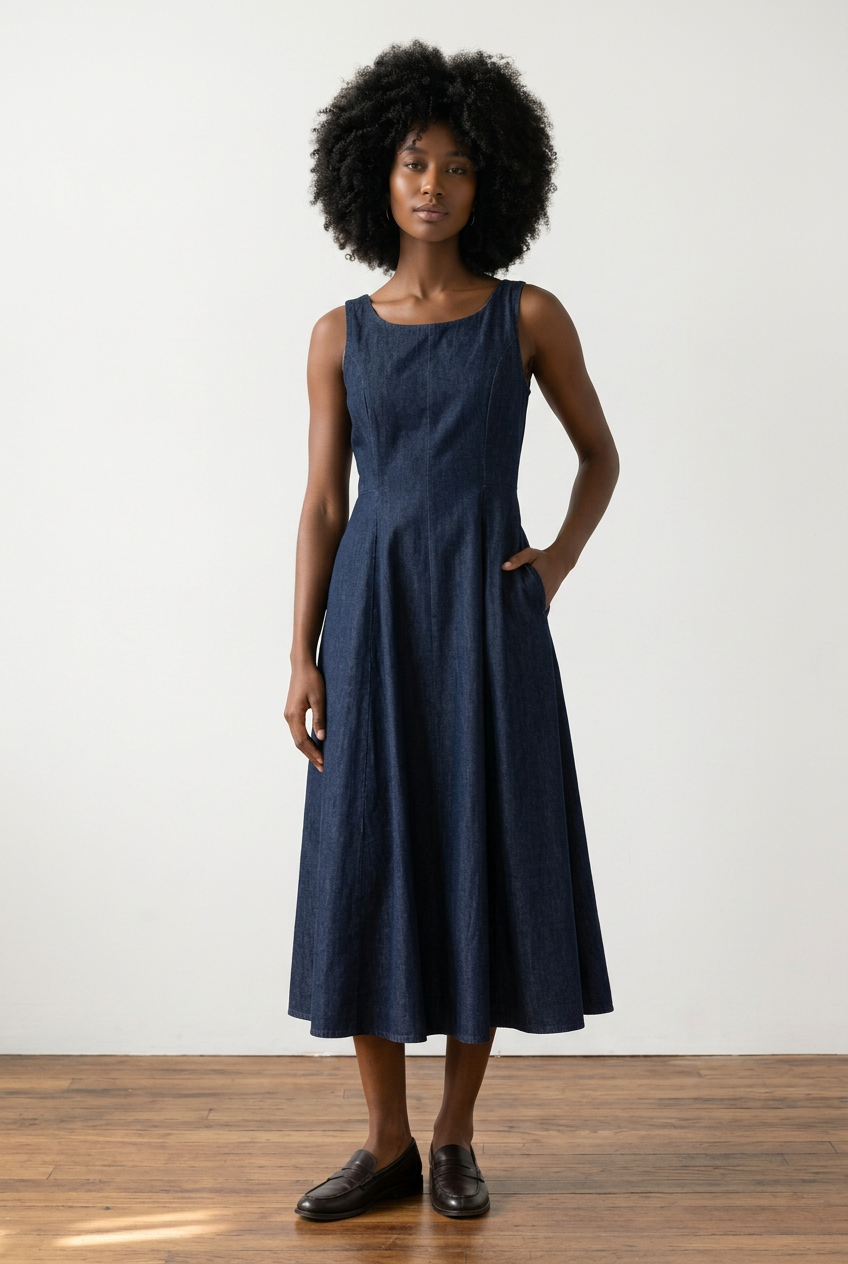 Bow Back Denim Midi Dress