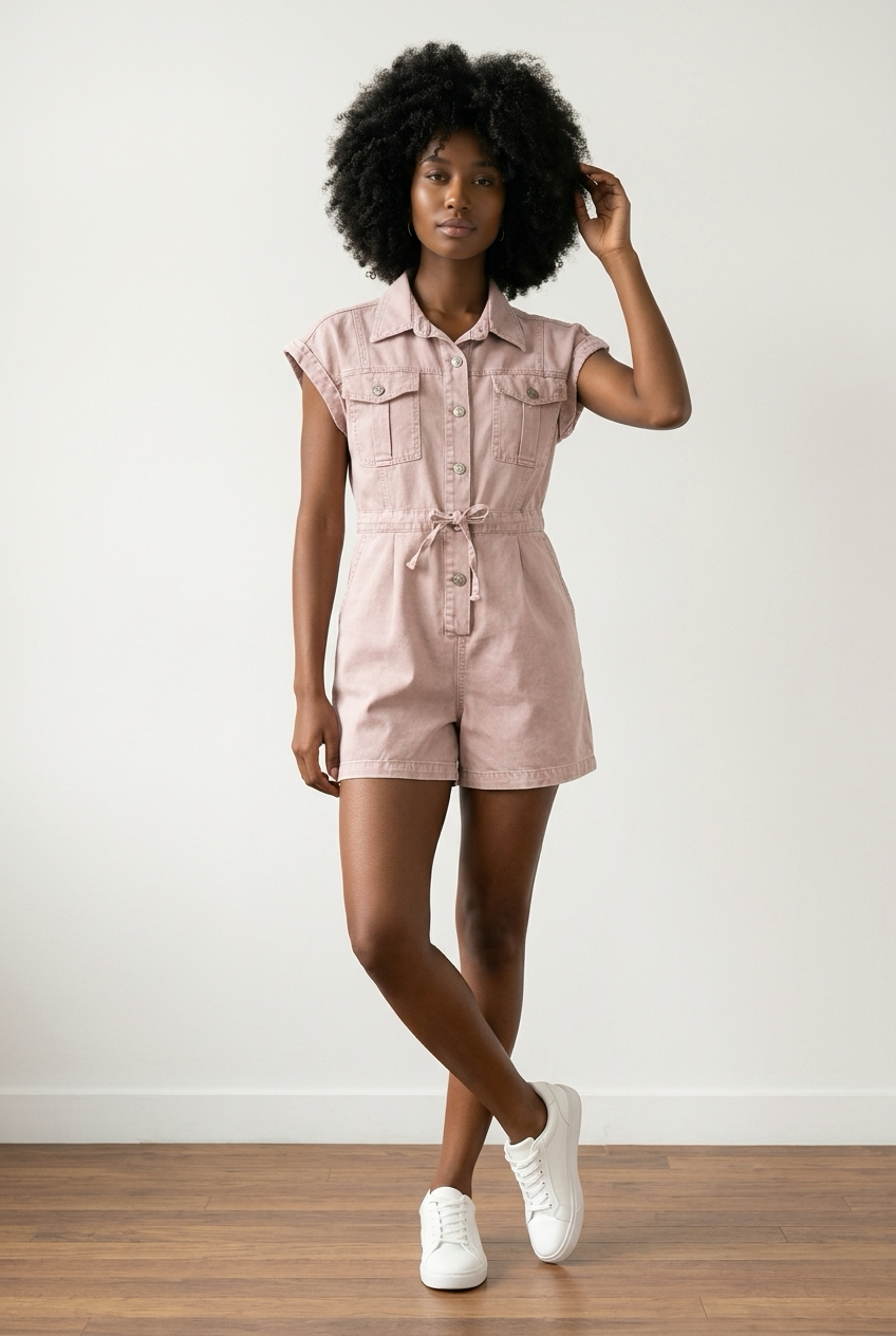 Faded Drawstring Denim Playsuit