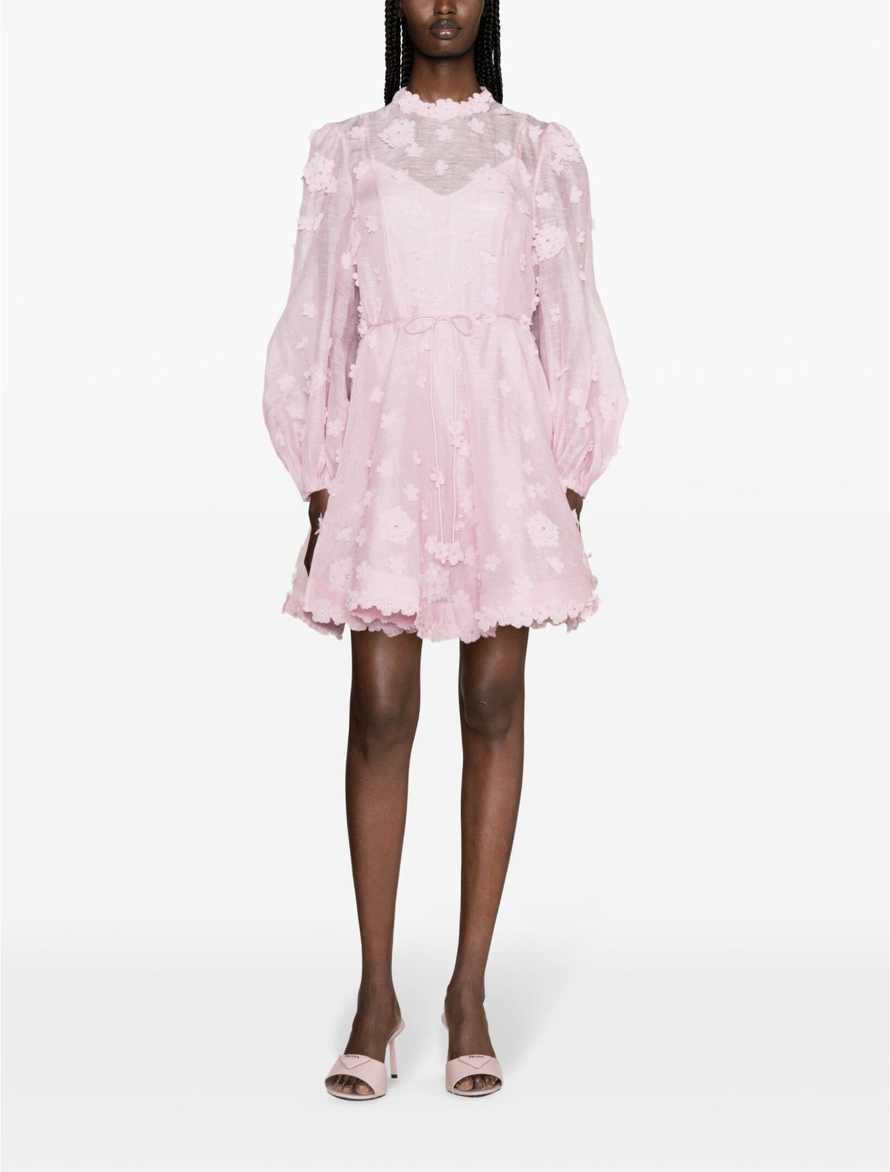 Organza Mini Dress With Floral Appliques