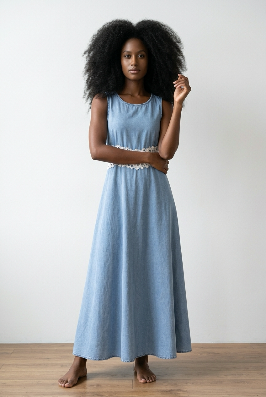 Floral Lace Denim Maxi Dress