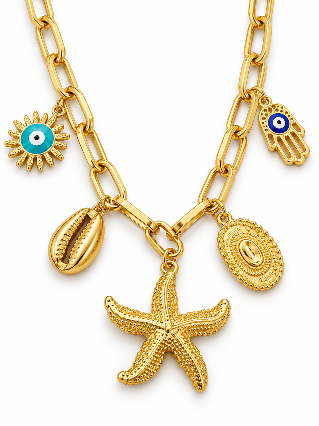 Starfish & Eye Charm Chain Necklace