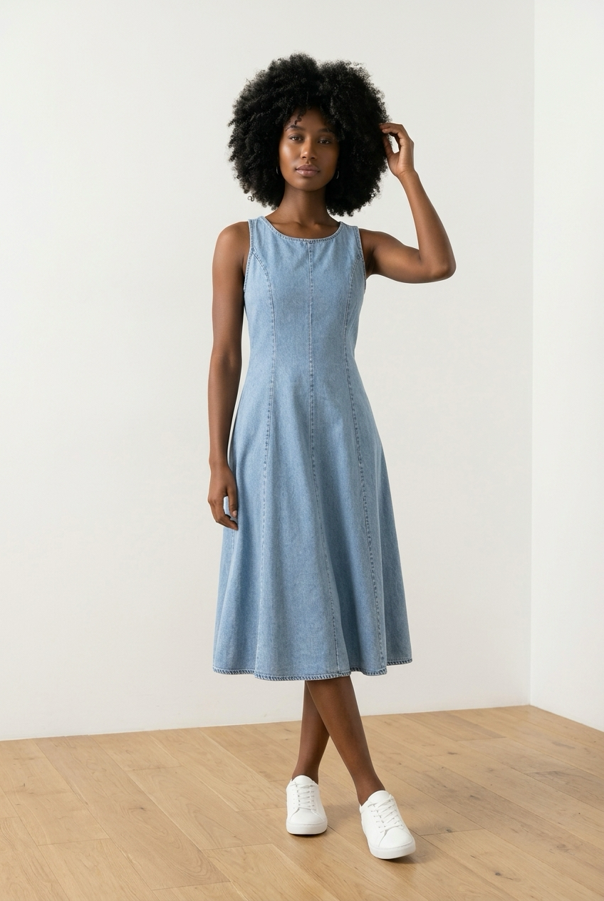 Bow Back Denim Midi Dress