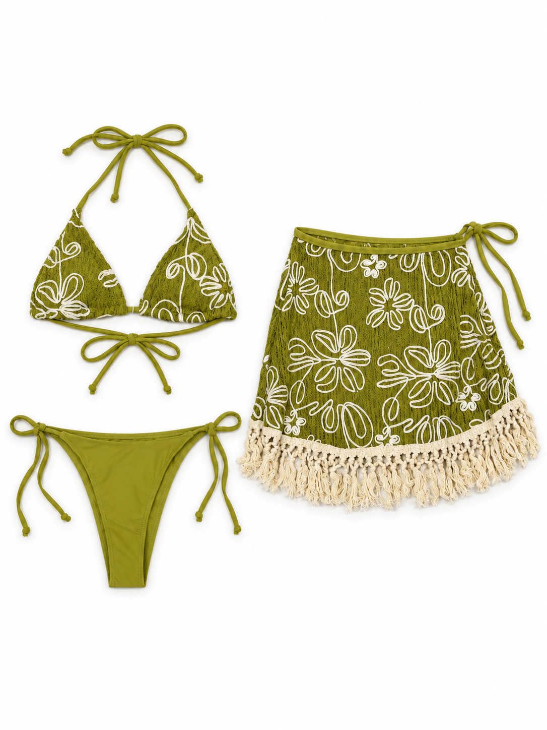 Olive Floral Bikini & Fringe Skirt Set