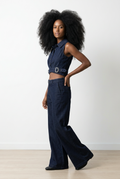 Denim Co-Ord Set of Double-Buckle Top & Trousers