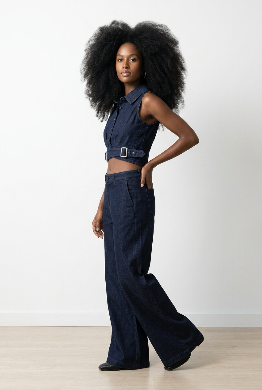 Denim Co-Ord Set of Double-Buckle Top & Trousers