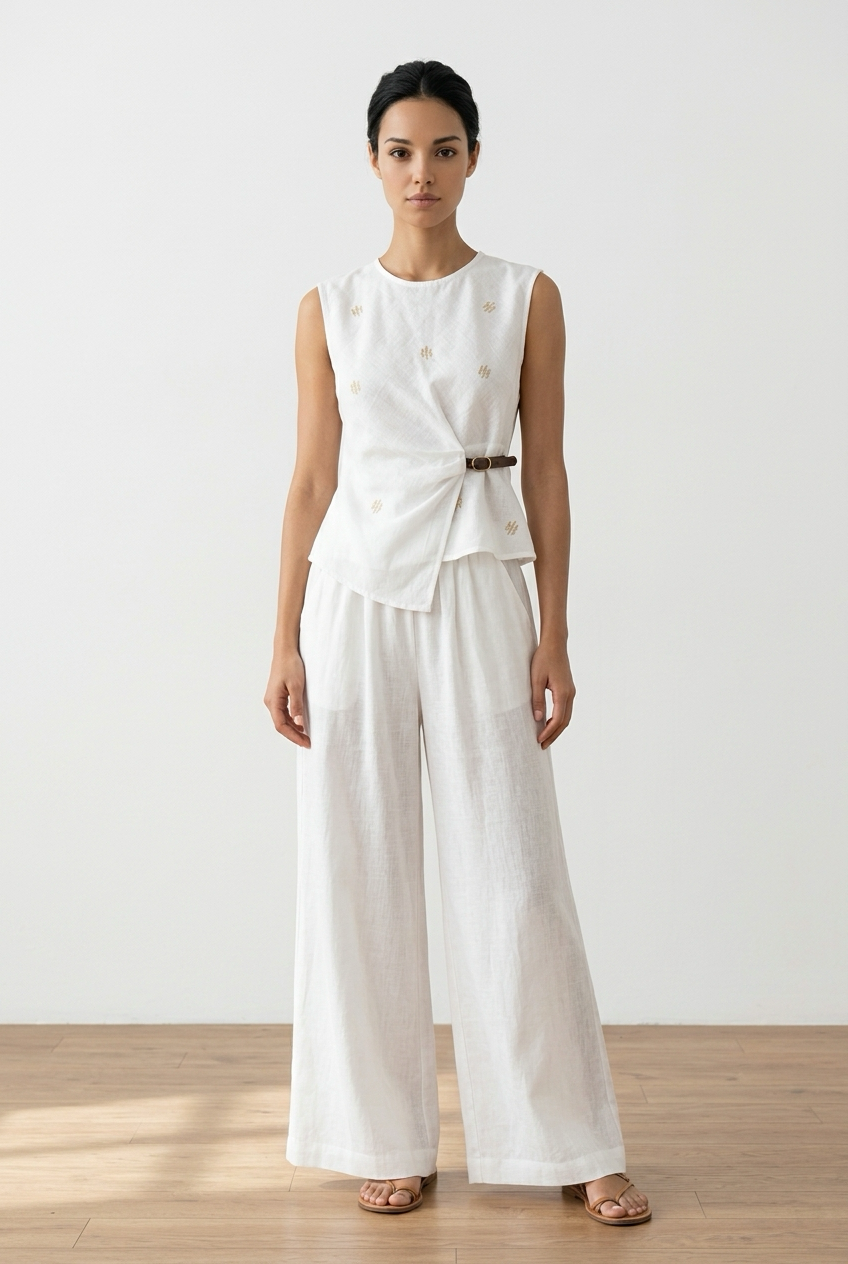 Embellished Buckle Top & Wide-Leg Co-Ord Set