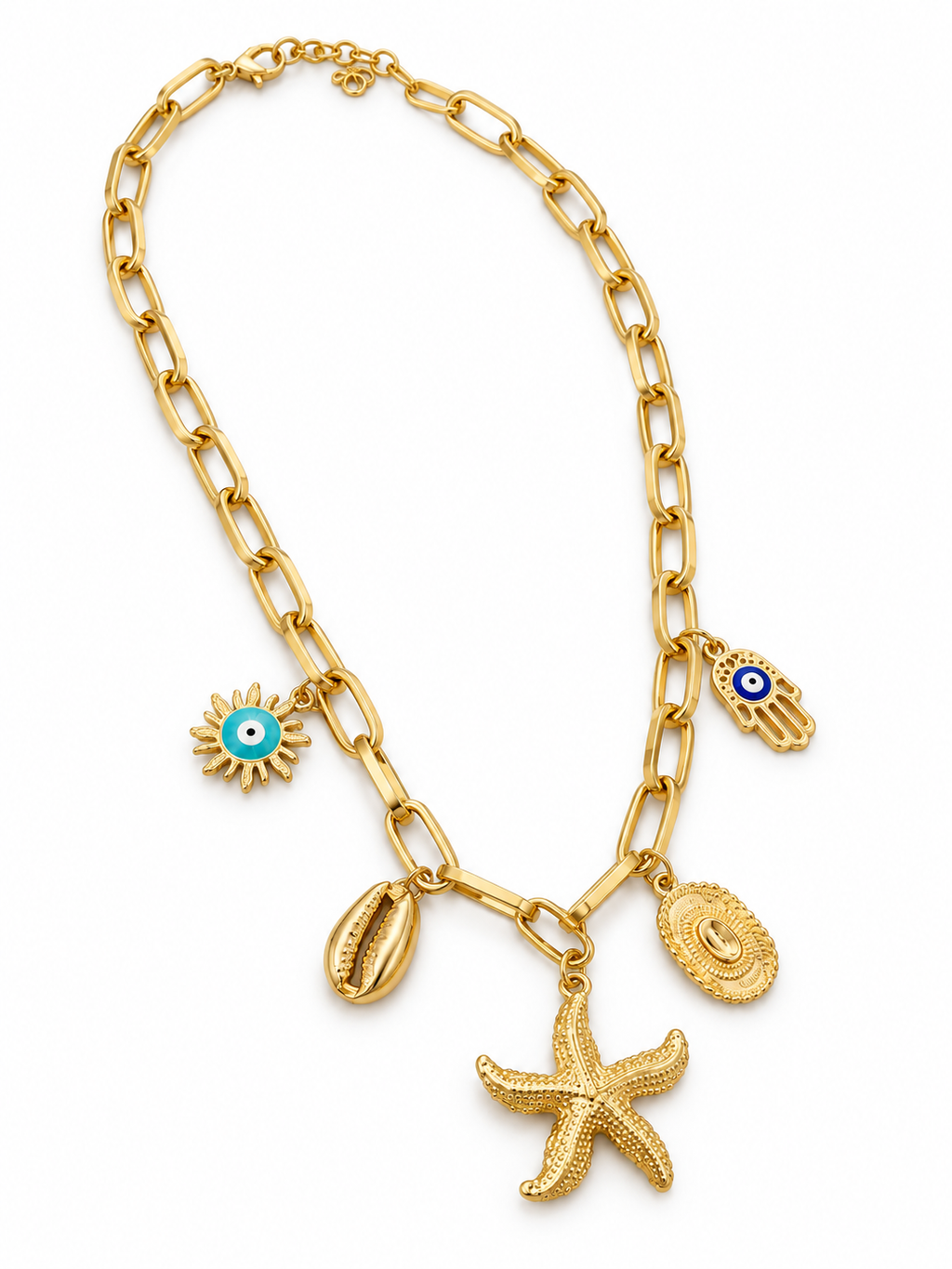 Starfish & Eye Charm Chain Necklace