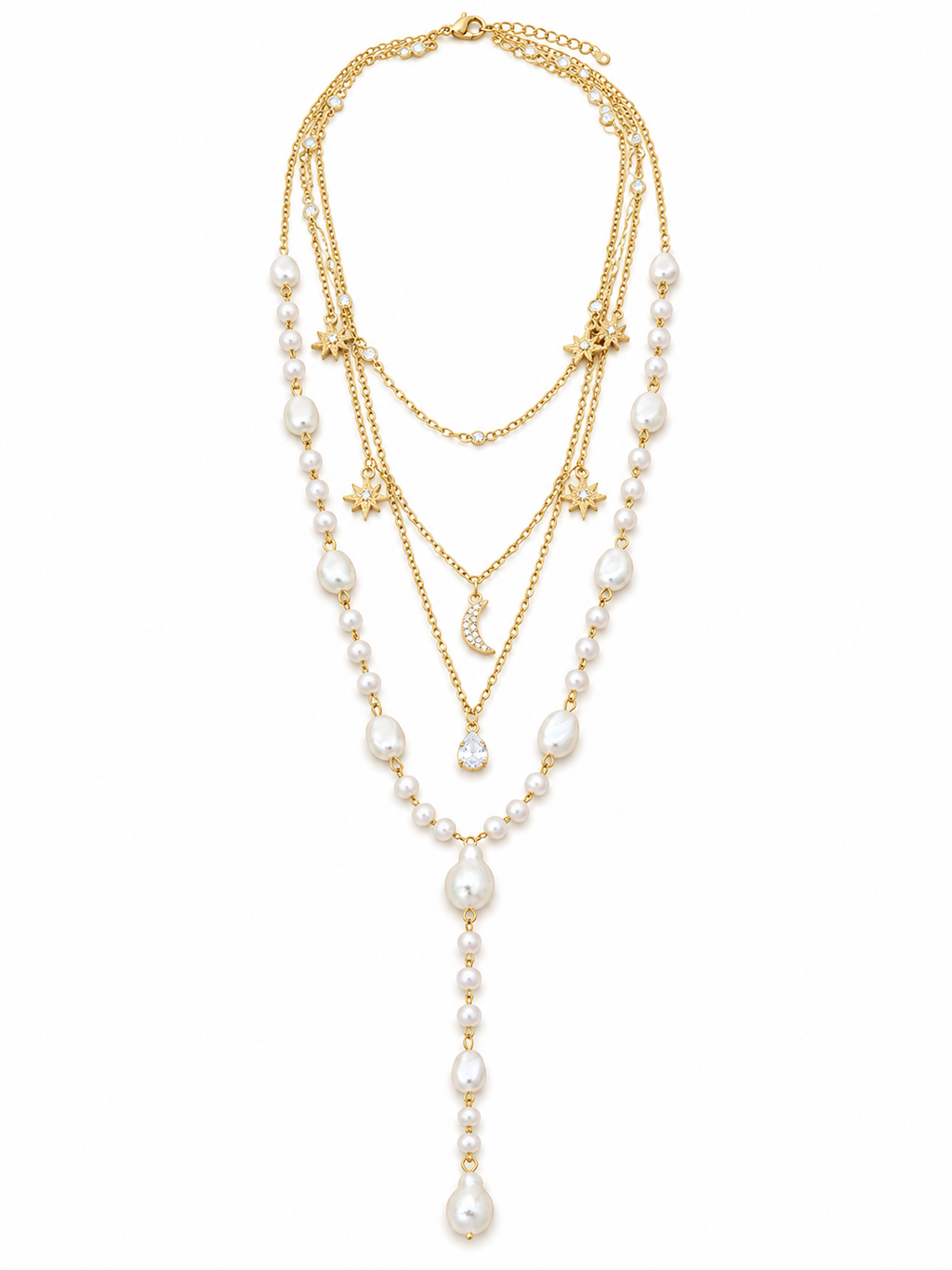 Layered Pearl Moon & Star Necklace