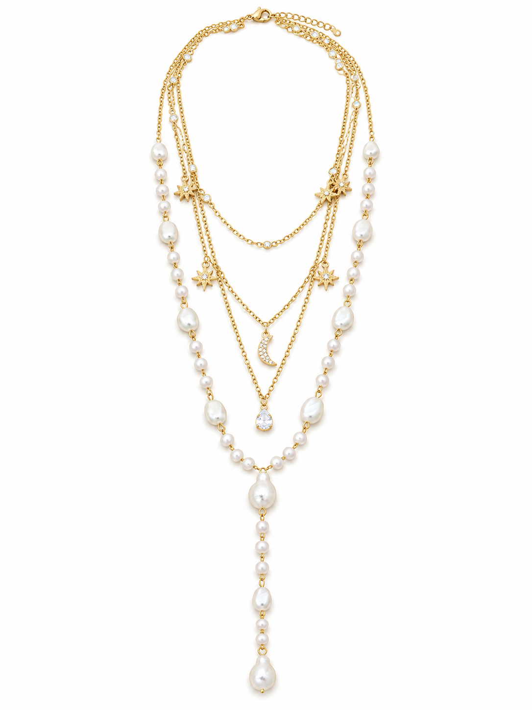 Layered Pearl Moon & Star Necklace