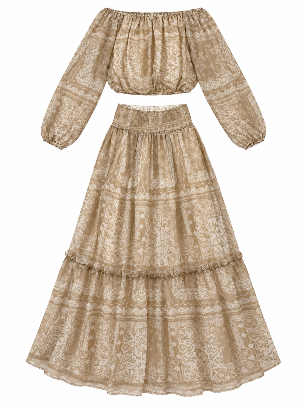 Co-Ord Set of Printed Off-Shoulder Top & Maxi Skirt