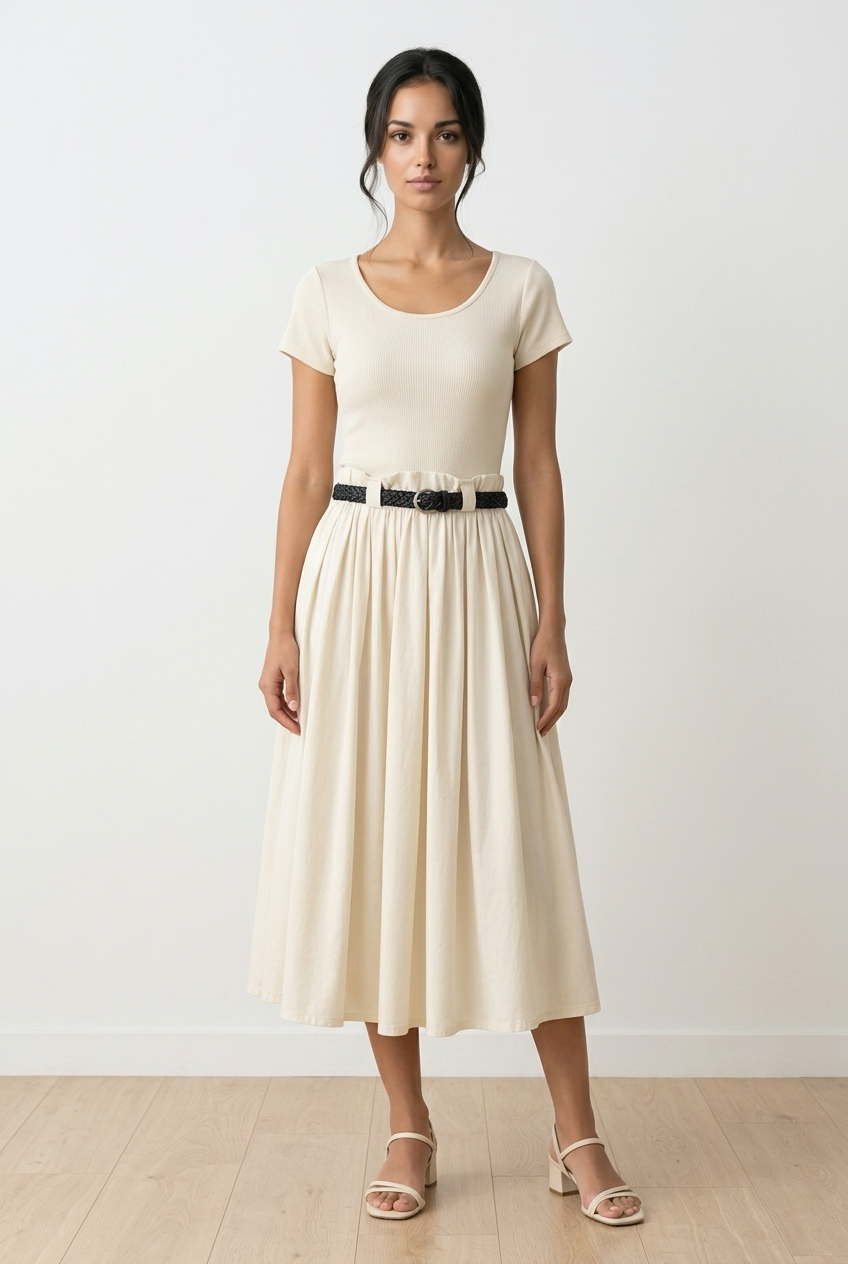 Short Sleeve Belted Midi Dress