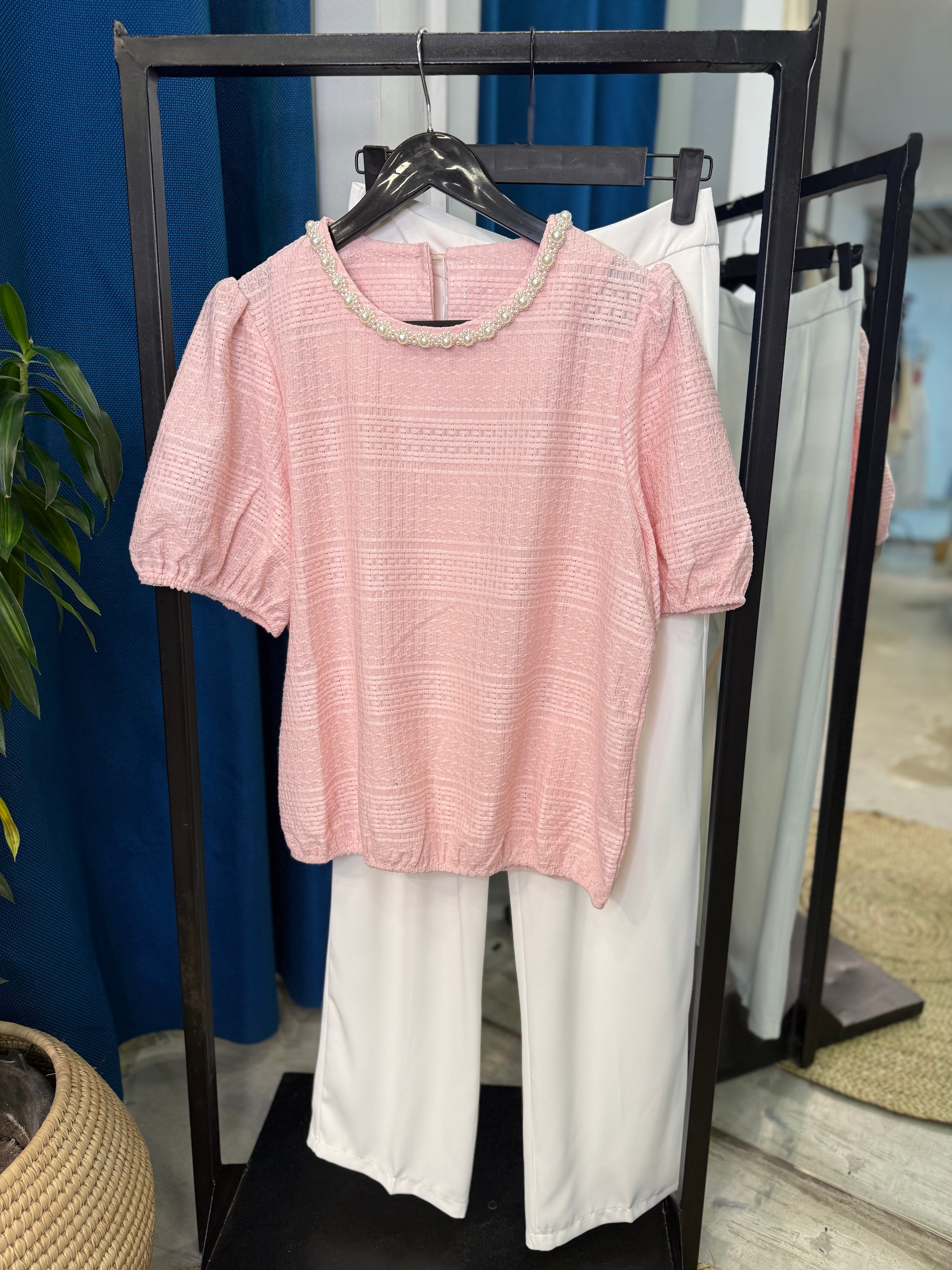 Textured Top with Pearl on the Neck