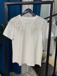 T-Shirt with Rhinestones on the Shoulder