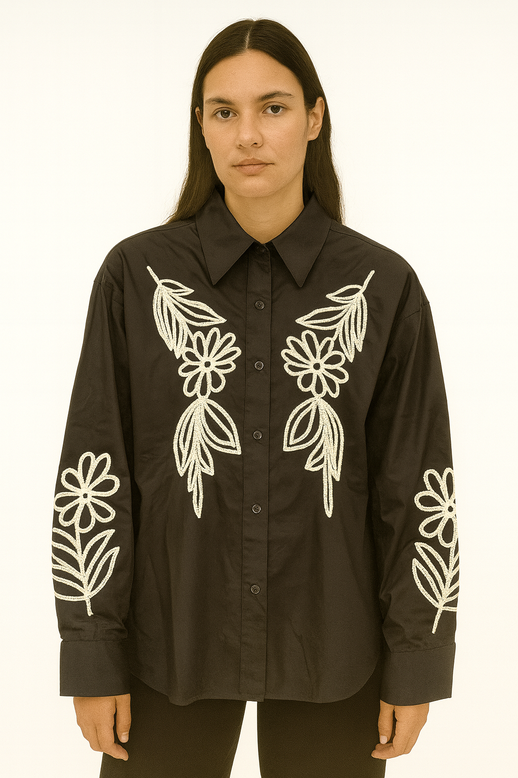 Long Sleeve Shirt with Floral Embroidery