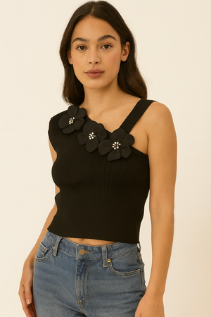 Asymmetric  Knit Top With Flower