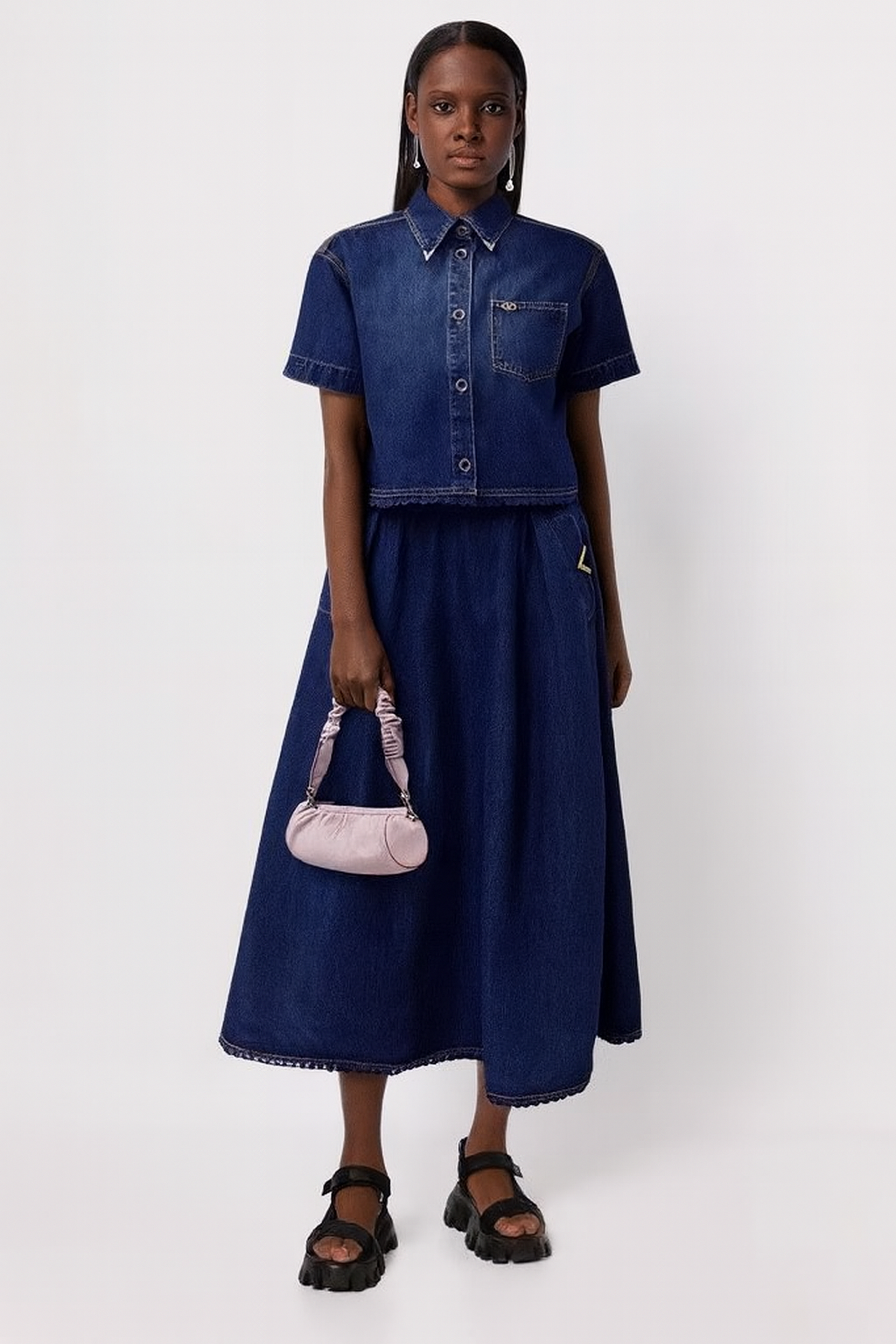 Denim Set Of Crop Top & Skirt