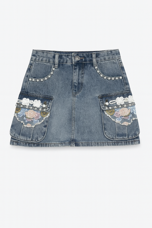 Mini Denim Skirt with Pearl