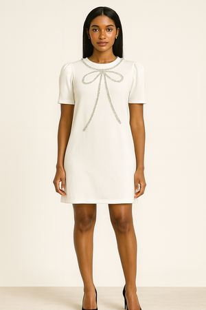 Cotton Mini Dress with Rhinestones Bow