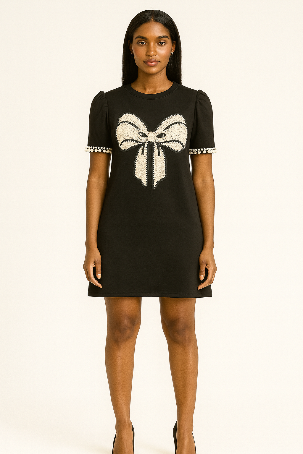 Cotton Mini Dress with Pearl Bow