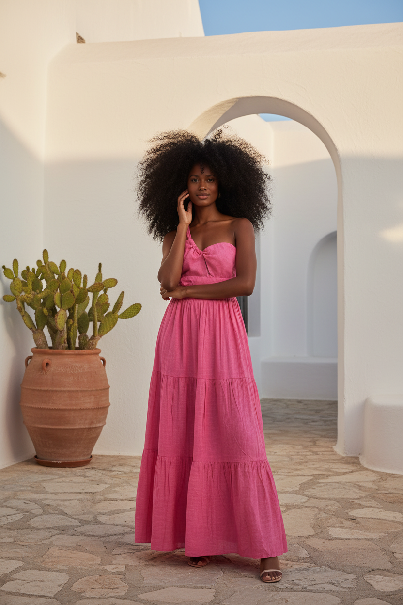 One Shoulder Linen Maxi Dress