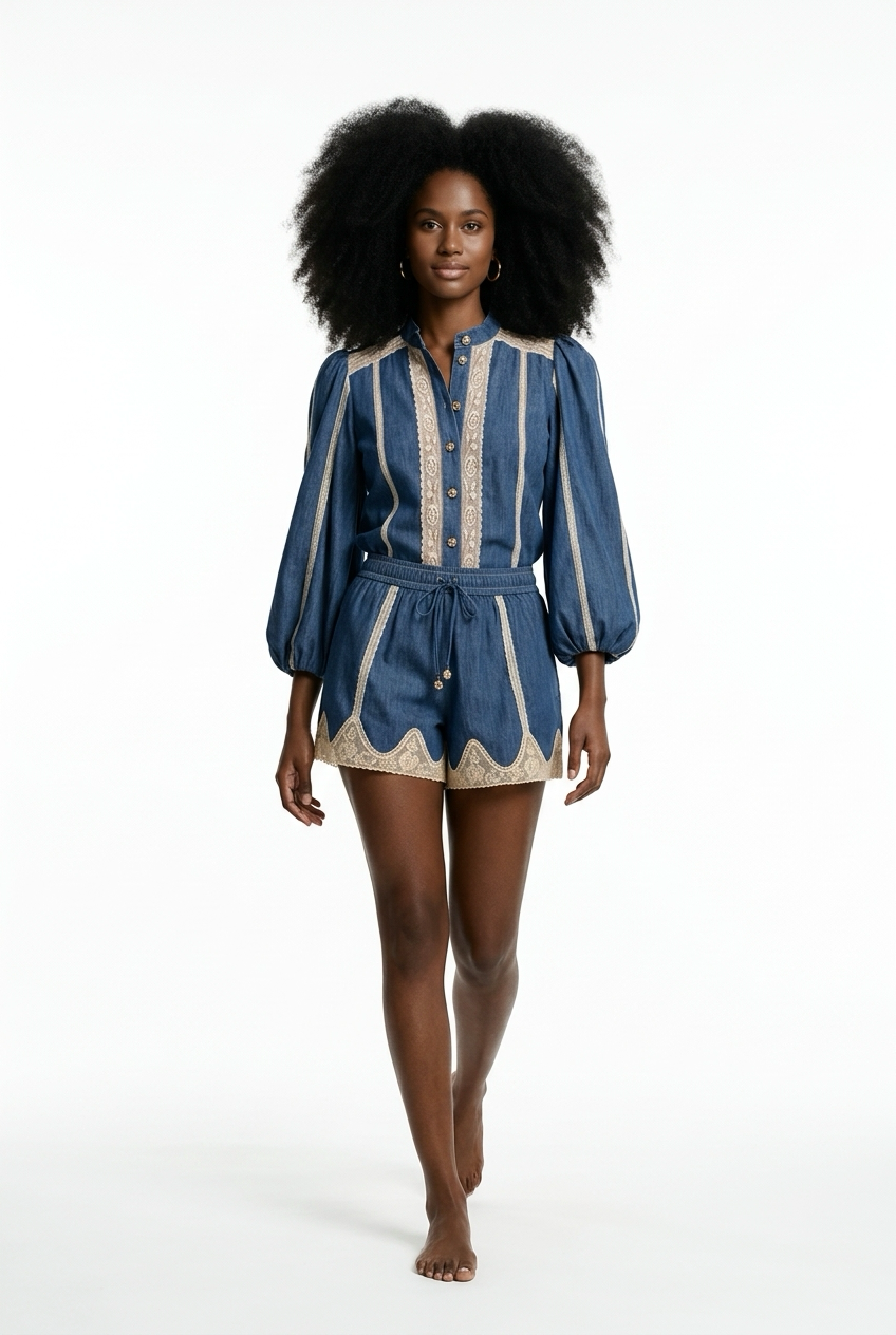 Denim Lace Trim Co-Ord Set of Shirt & Short