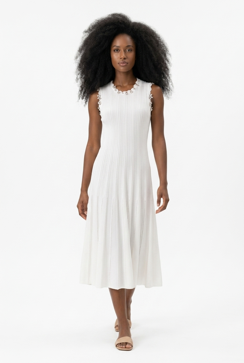 White Ribbed Flare Dress