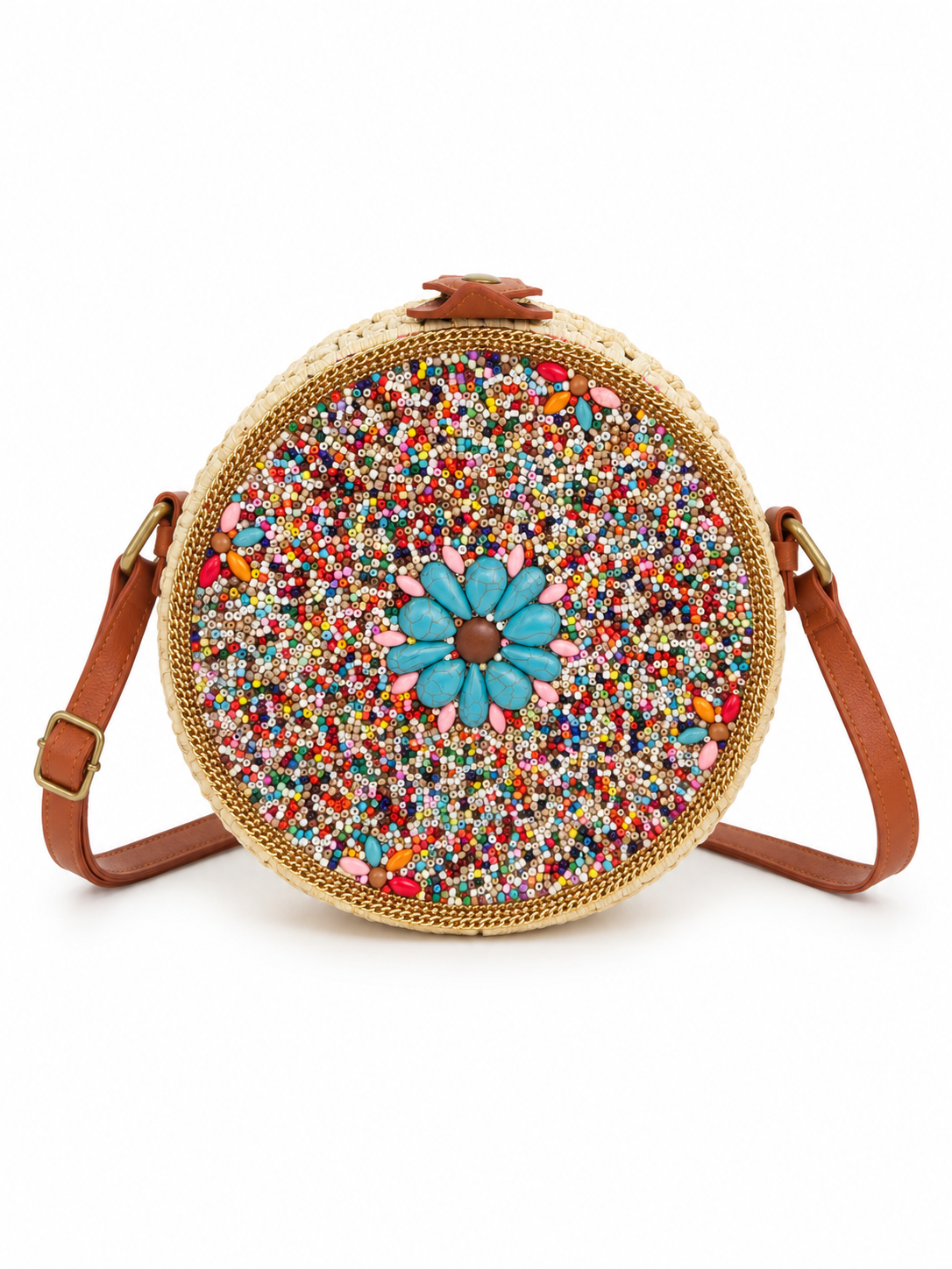 Beaded Raffia Round Bag