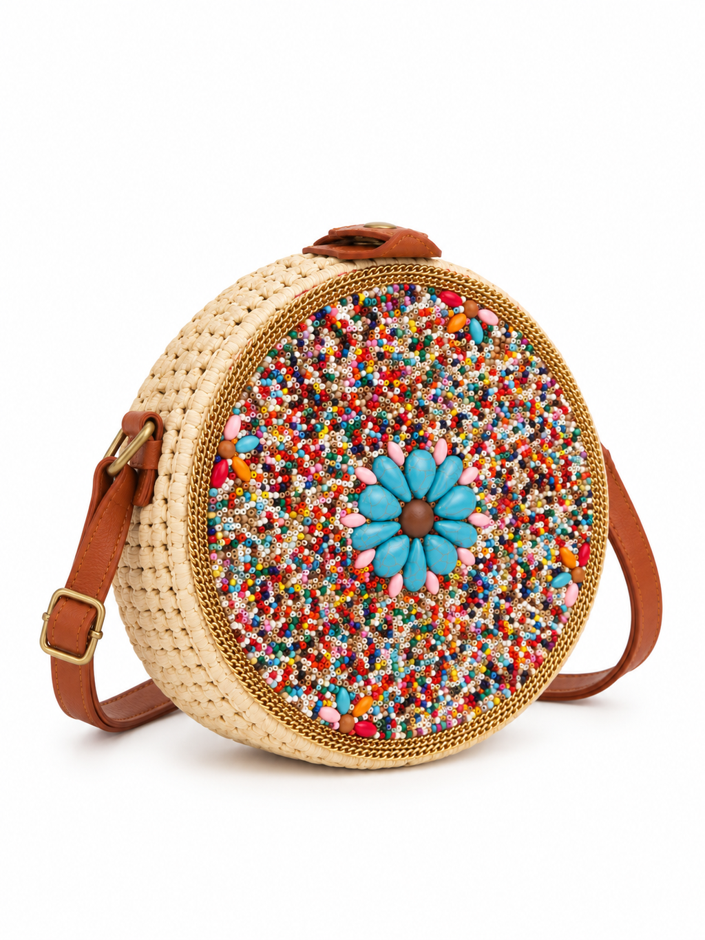 Beaded Raffia Round Bag